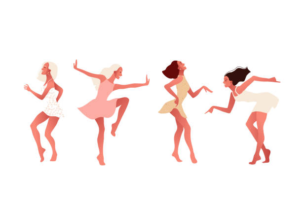Happy sexy girls or friends dancing and laughing. Friendship, International Women s Day. 8 March. Vector illustration, template with beautiful women for greeting card, poster or flyer.